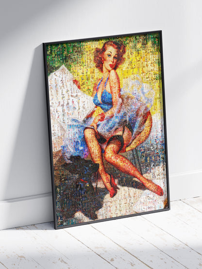 Charming Pin-Up Mosaic Poster – Retro Girl in Blue Dress, Vintage Wall Art Made from Classic Pin-Up Illustrations