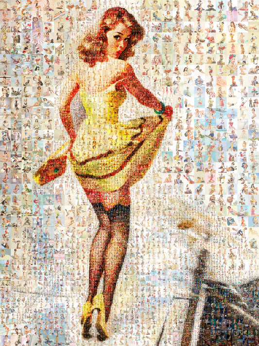 Yellow Dress Pin-Up Mosaic Poster – Retro Girl, Vintage Wall Art Made from Classic Pin-Up Illustrations