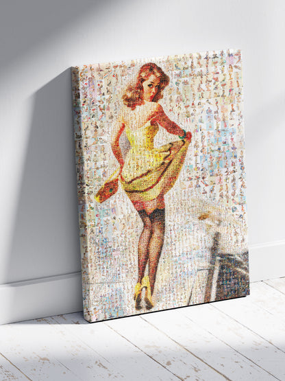 Yellow Dress Pin-Up Mosaic Poster – Retro Girl, Vintage Wall Art Made from Classic Pin-Up Illustrations