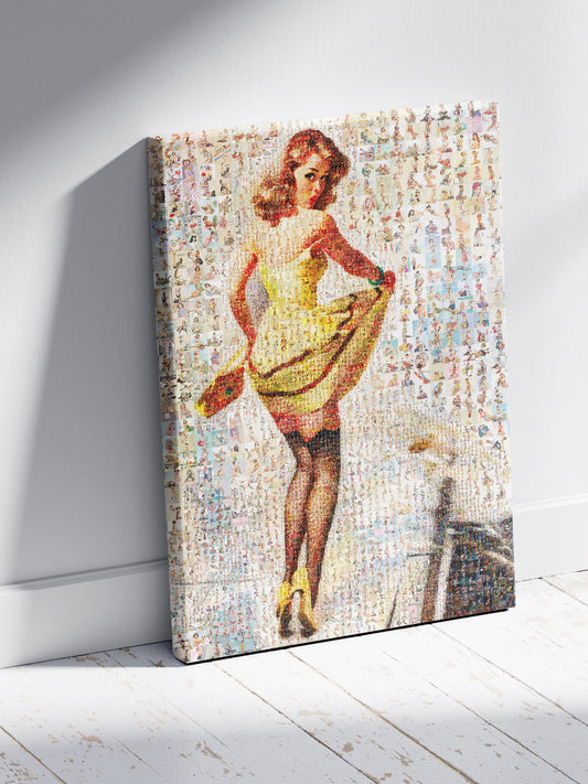 Yellow Dress Pin-Up Mosaic Poster – Retro Girl, Vintage Wall Art Made from Classic Pin-Up Illustrations