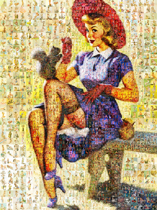 Charming Pin-Up Mosaic Poster – Retro Girl with Squirrel, Vintage Wall Art Made from Classic Pin-Up Illustrations