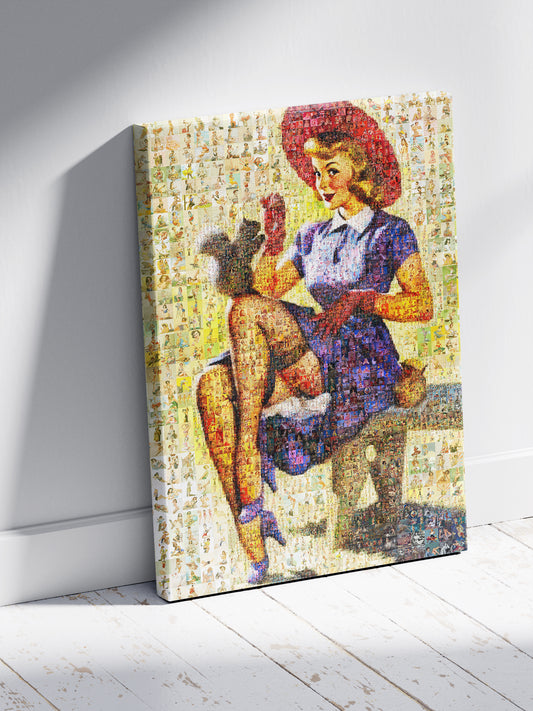 Charming Pin-Up Mosaic Poster – Retro Girl with Squirrel, Vintage Wall Art Made from Classic Pin-Up Illustrations
