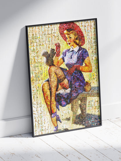 Charming Pin-Up Mosaic Poster – Retro Girl with Squirrel, Vintage Wall Art Made from Classic Pin-Up Illustrations