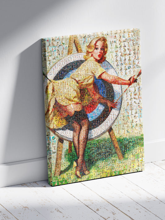 Pin-Up Girl Mosaic Poster – Retro Archery Wall Art Made from Vintage Illustrations, Unique Gift for Retro Lovers