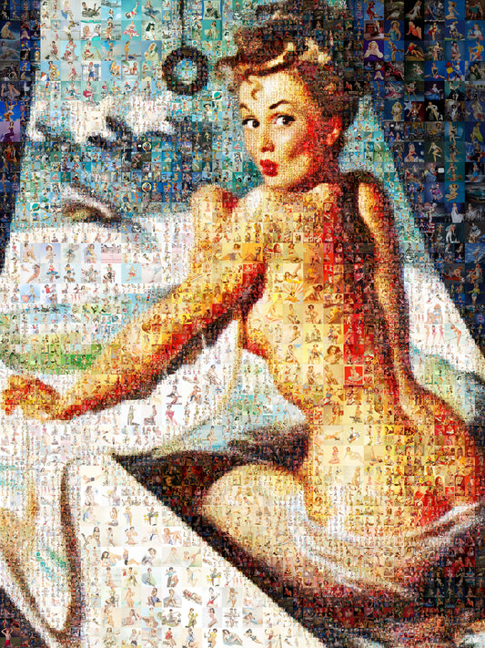 Vintage Pin-Up Mosaic – Glamorous Retro Bath Scene Wall Art, Unique Poster Made from Hundreds of Pin-Up Illustrations