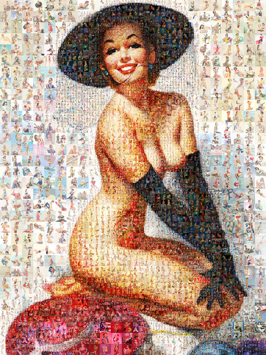 Elegant Pin-Up Mosaic Poster – Retro Girl in Black Hat and Gloves, Vintage Wall Art from Pin-Up Illustrations