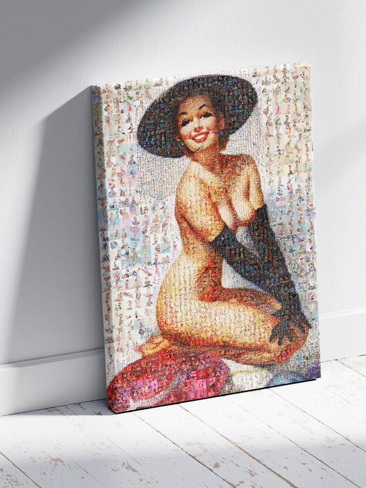 Elegant Pin-Up Mosaic Poster – Retro Girl in Black Hat and Gloves, Vintage Wall Art from Pin-Up Illustrations
