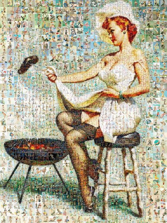 Retro BBQ Pin-Up Mosaic Poster – Vintage Girl Cooking at Grill, Pin-Up Wall Art