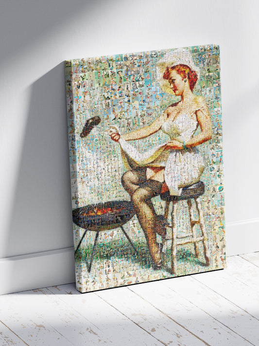 Retro BBQ Pin-Up Mosaic Poster – Vintage Girl Cooking at Grill, Pin-Up Wall Art