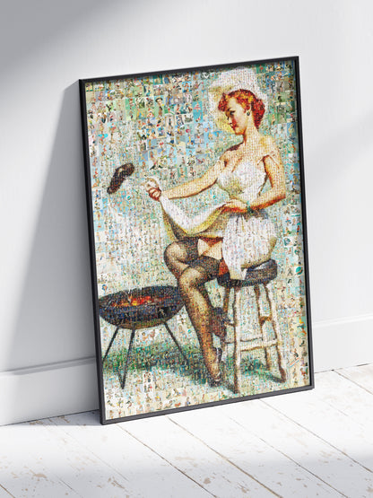 Retro BBQ Pin-Up Mosaic Poster – Vintage Girl Cooking at Grill, Pin-Up Wall Art