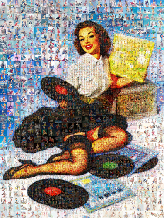 Retro Vinyl Pin-Up Mosaic Poster – Vintage Girl with Records, Music Wall Art