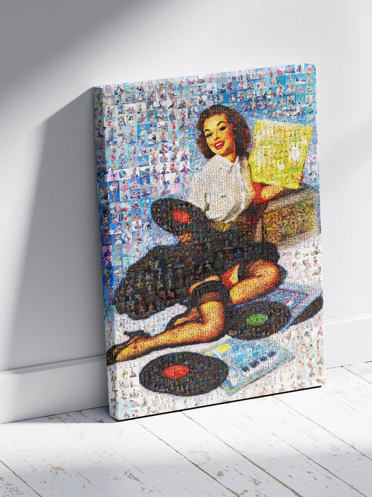 Retro Vinyl Pin-Up Mosaic Poster – Vintage Girl with Records, Music Wall Art