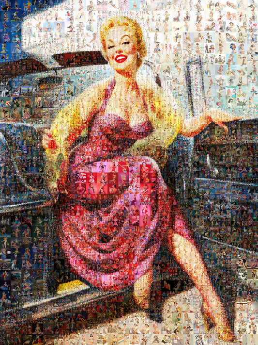Vintage Car Pin-Up Mosaic Poster – Retro Girl in Pink Dress, Glamorous Wall Art