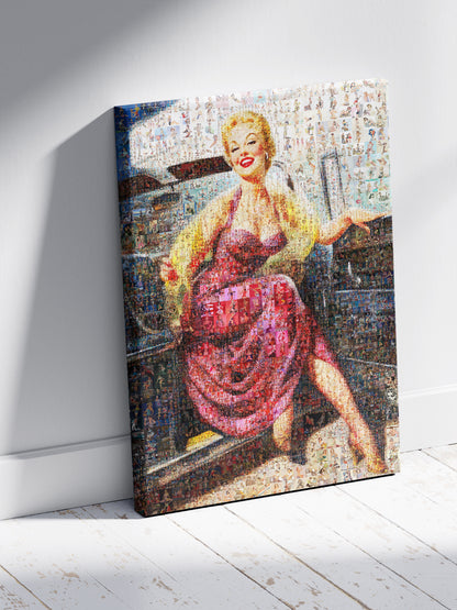 Vintage Car Pin-Up Mosaic Poster – Retro Girl in Pink Dress, Glamorous Wall Art