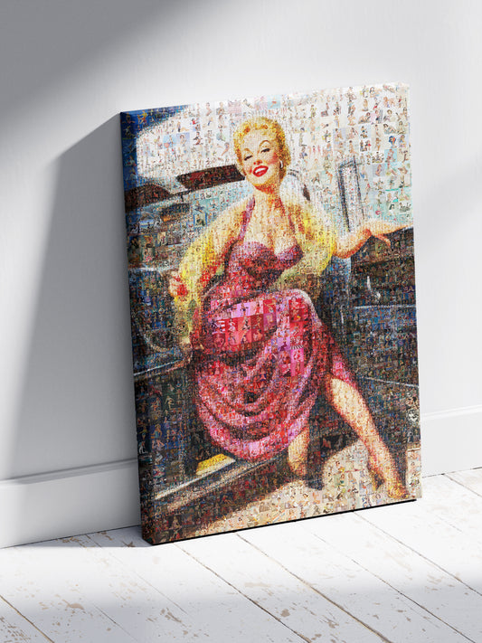 Vintage Car Pin-Up Mosaic Poster – Retro Girl in Pink Dress, Glamorous Wall Art