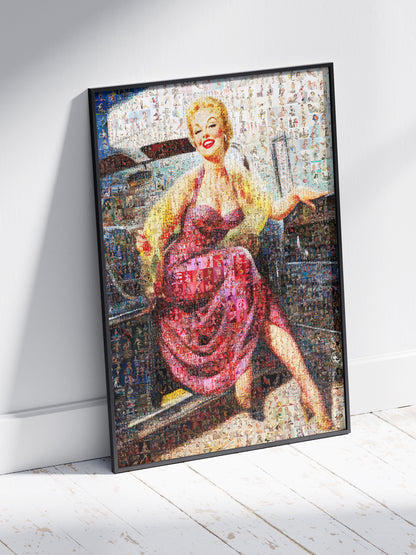 Vintage Car Pin-Up Mosaic Poster – Retro Girl in Pink Dress, Glamorous Wall Art