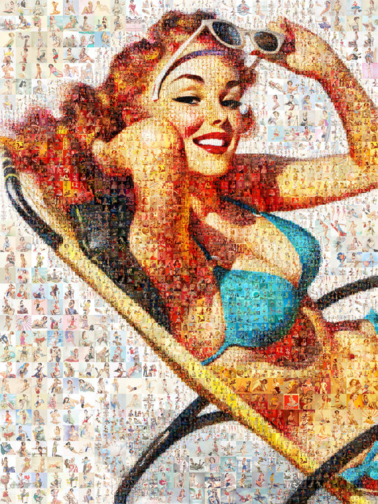Summer Pin-Up Mosaic Poster – Retro Girl in Bikini, Vintage Beach Wall Art