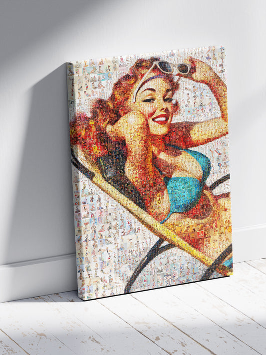 Summer Pin-Up Mosaic Poster – Retro Girl in Bikini, Vintage Beach Wall Art