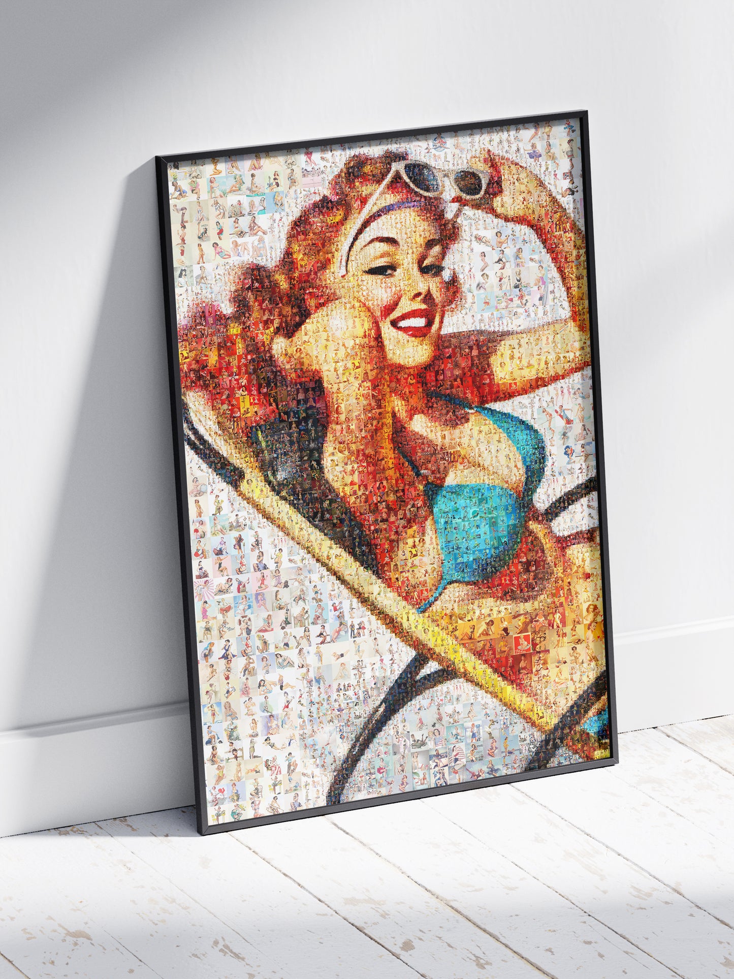 Summer Pin-Up Mosaic Poster – Retro Girl in Bikini, Vintage Beach Wall Art