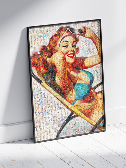 Summer Pin-Up Mosaic Poster – Retro Girl in Bikini, Vintage Beach Wall Art