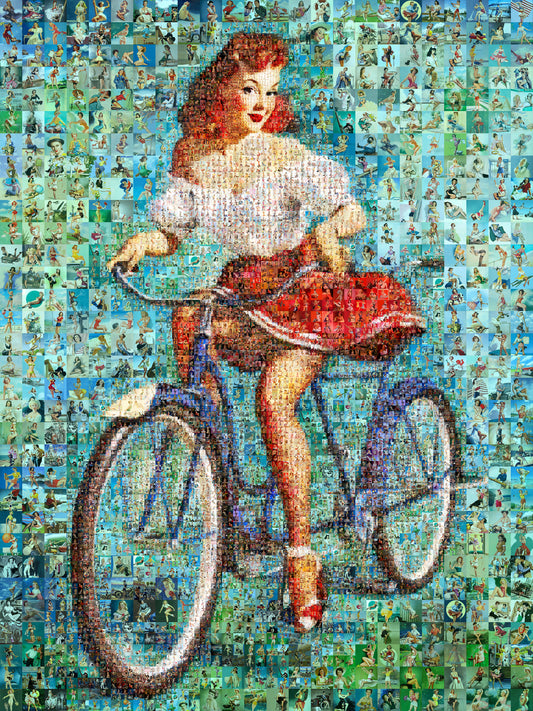 Pin-Up Girl on Bicycle Mosaic Poster – Vintage Retro Cycling Art Print