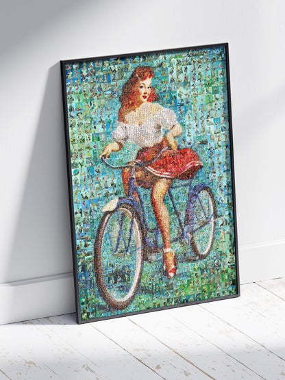 Pin-Up Girl on Bicycle Mosaic Poster – Vintage Retro Cycling Art Print