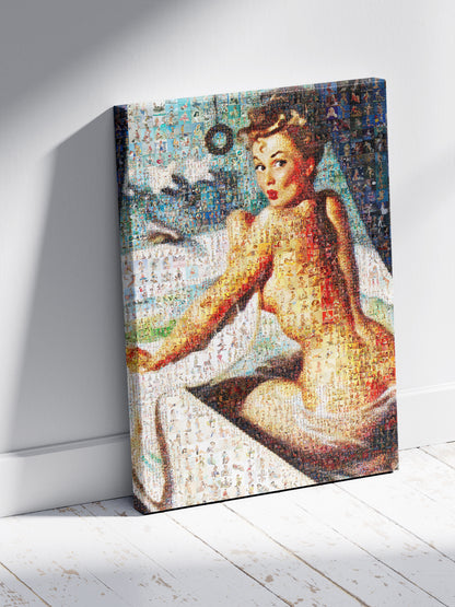 Vintage Pin-Up Mosaic – Glamorous Retro Bath Scene Wall Art, Unique Poster Made from Hundreds of Pin-Up Illustrations