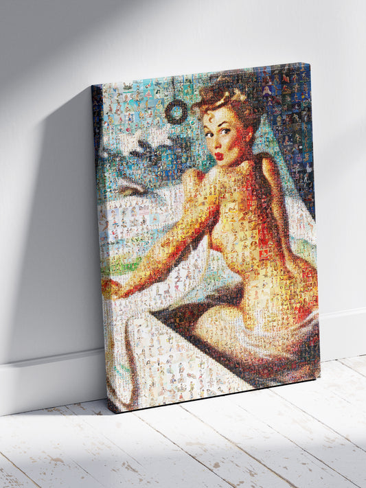 Vintage Pin-Up Mosaic – Glamorous Retro Bath Scene Wall Art, Unique Poster Made from Hundreds of Pin-Up Illustrations