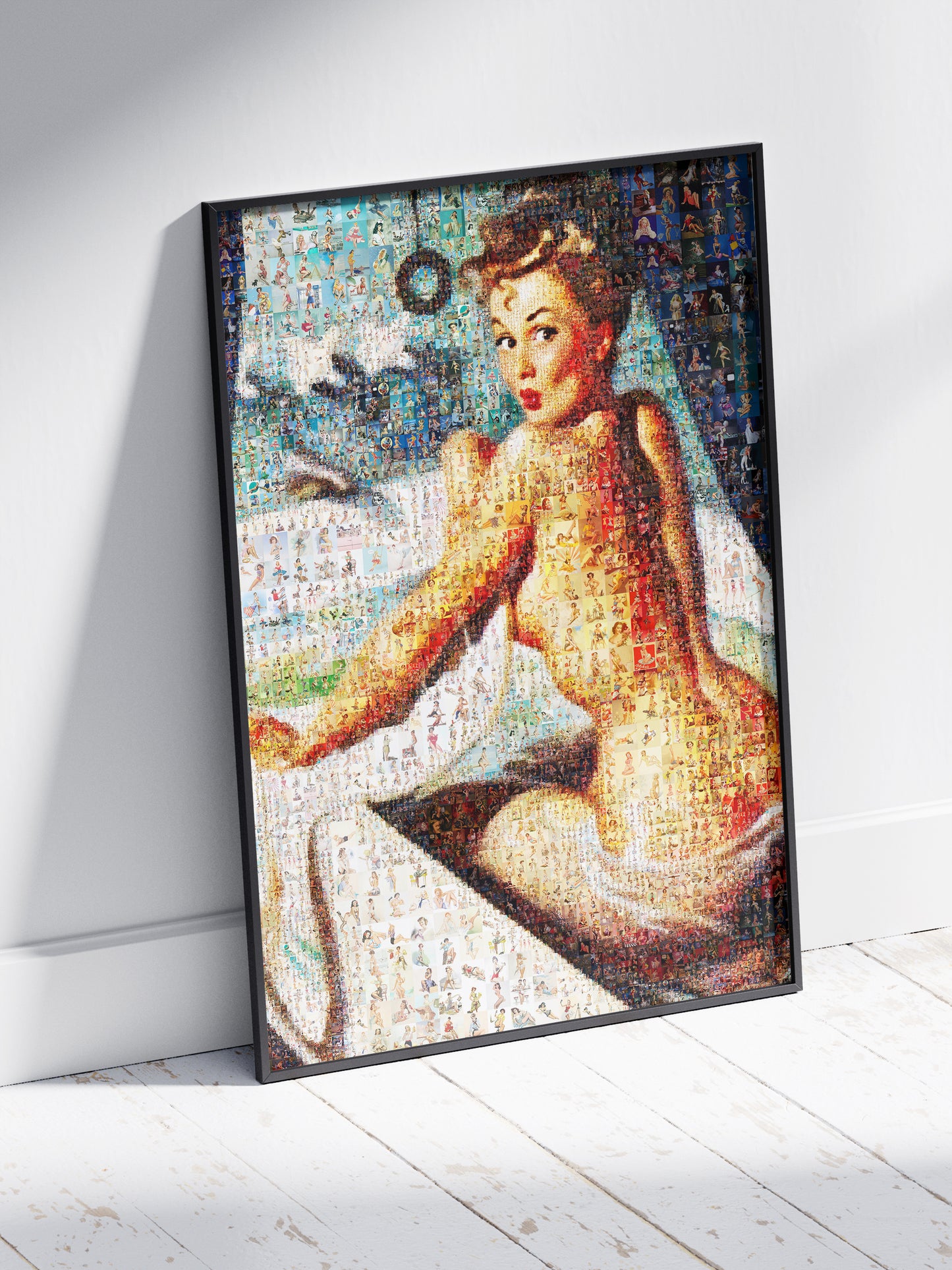 Vintage Pin-Up Mosaic – Glamorous Retro Bath Scene Wall Art, Unique Poster Made from Hundreds of Pin-Up Illustrations
