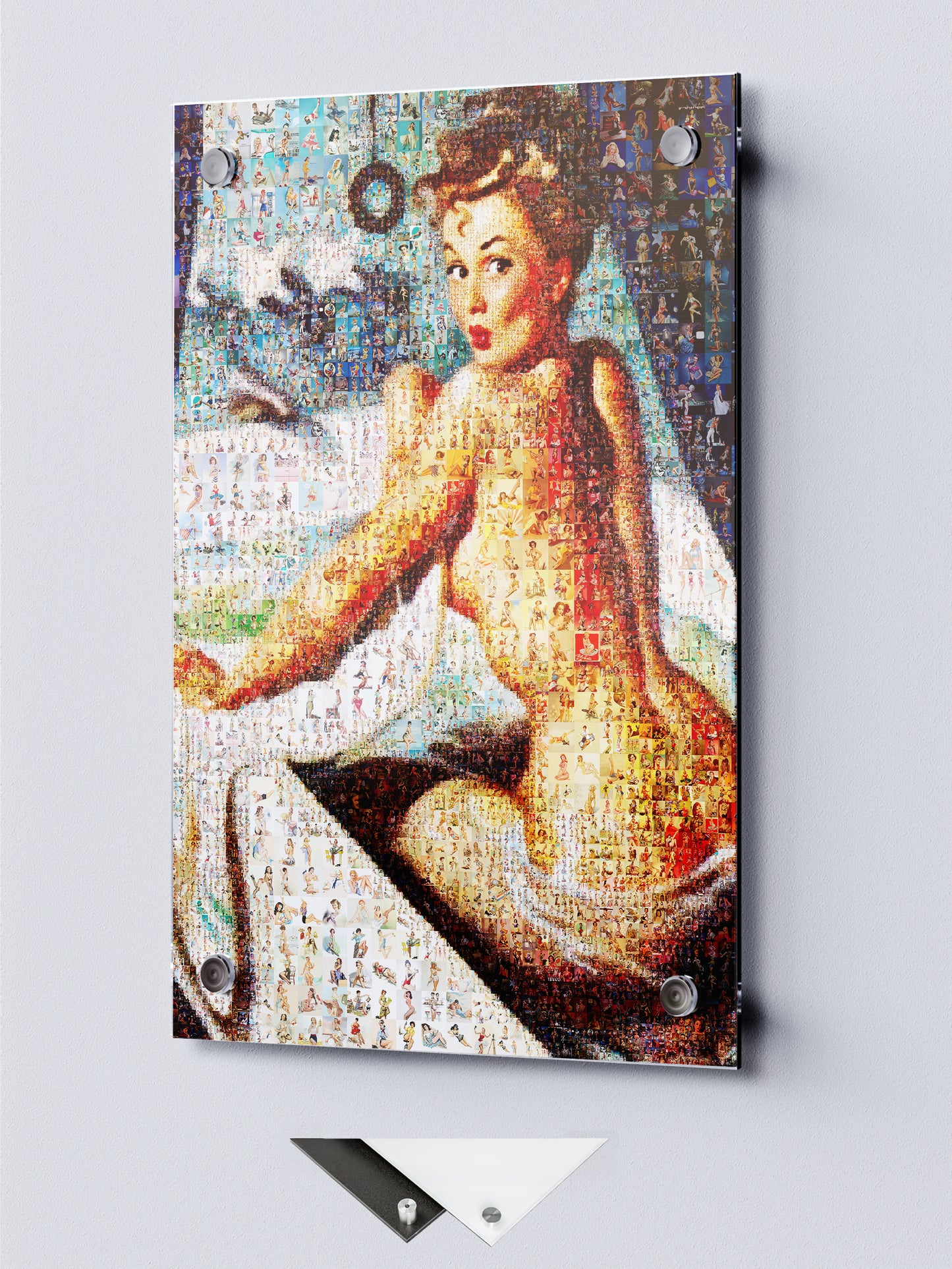 Vintage Pin-Up Mosaic – Glamorous Retro Bath Scene Wall Art, Unique Poster Made from Hundreds of Pin-Up Illustrations