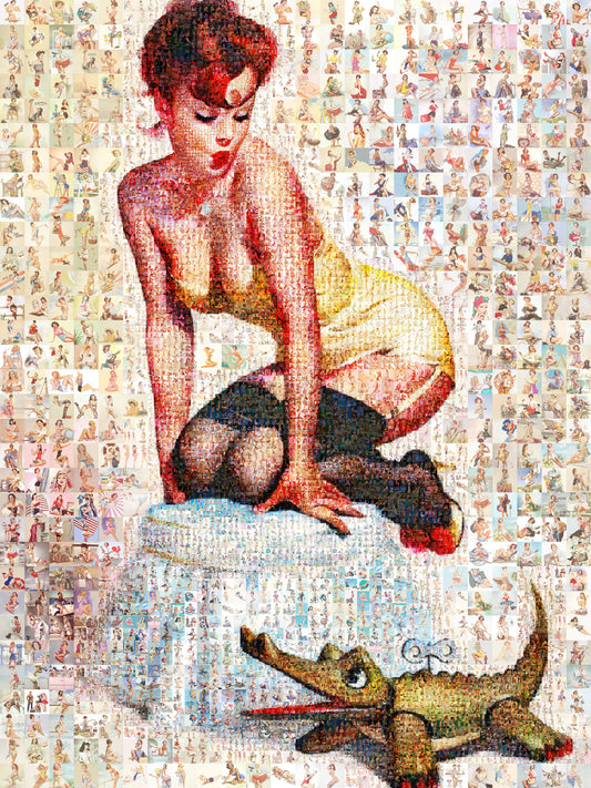 Playful Pin-Up Mosaic Poster – Retro Girl with Toy Crocodile, Vintage Wall Art Made from Classic Pin-Up Illustrations