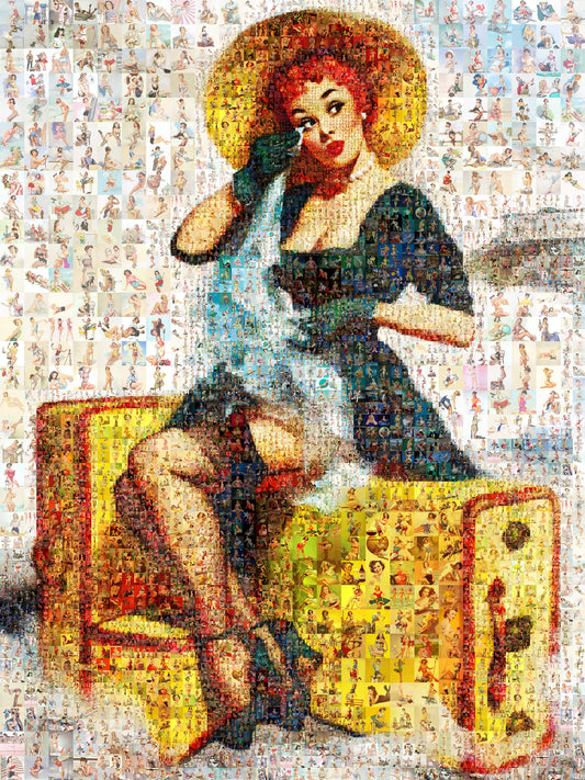 Pin-Up Travel Girl Mosaic Poster – Vintage Luggage Retro Wall Art