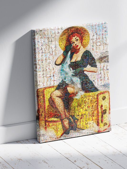 Pin-Up Travel Girl Mosaic Poster – Vintage Luggage Retro Wall Art