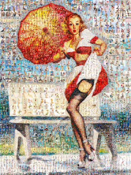 Pin-Up Girl with Umbrella Mosaic Poster – Retro Summer Wall Art