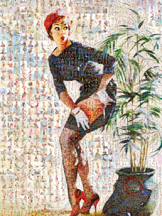 Pin-Up Girl Behind Plant Mosaic Poster – Retro Vintage Wall Art