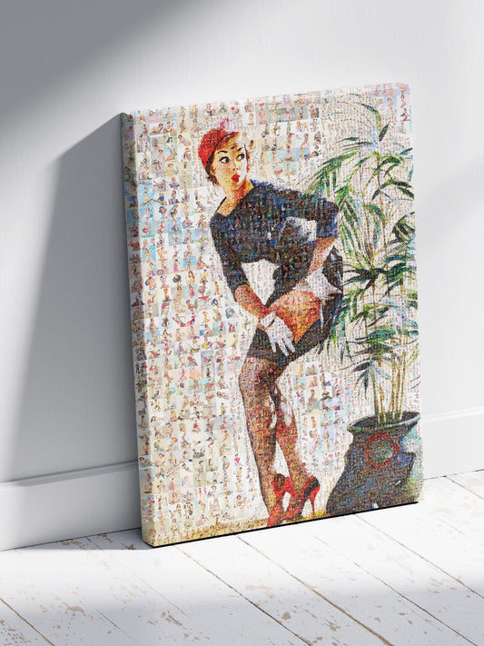 Pin-Up Girl Behind Plant Mosaic Poster – Retro Vintage Wall Art
