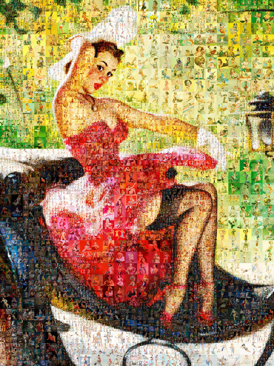 Red Dress Pin-Up Mosaic Poster – Vintage Car Girl Wall Art