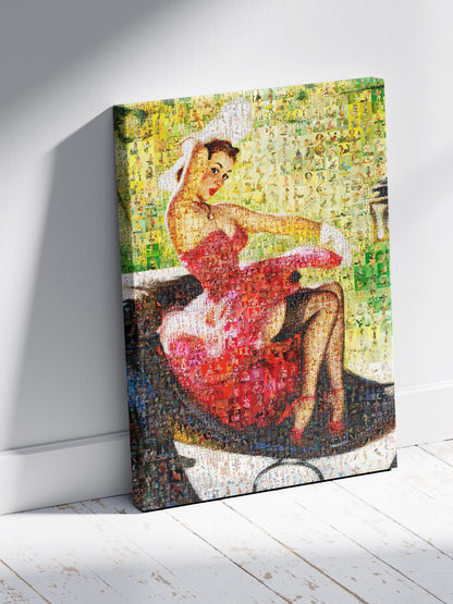 Red Dress Pin-Up Mosaic Poster – Vintage Car Girl Wall Art