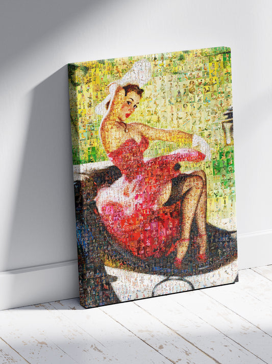 Red Dress Pin-Up Mosaic Poster – Vintage Car Girl Wall Art