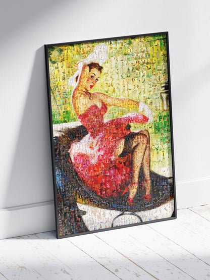 Red Dress Pin-Up Mosaic Poster – Vintage Car Girl Wall Art