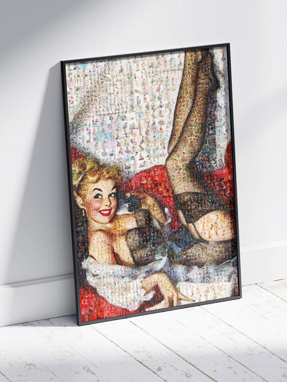 Pin-Up Glamour Mosaic Poster – Vintage Girl in Stockings Wall Art
