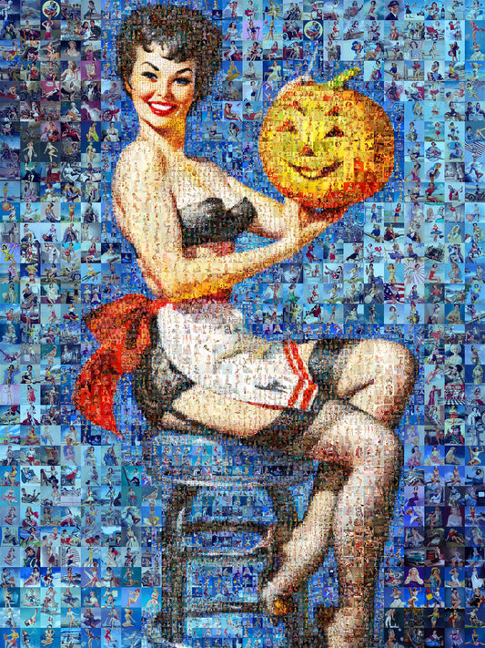 Halloween Pin-Up Mosaic Poster – Vintage Girl with Pumpkin Wall Art