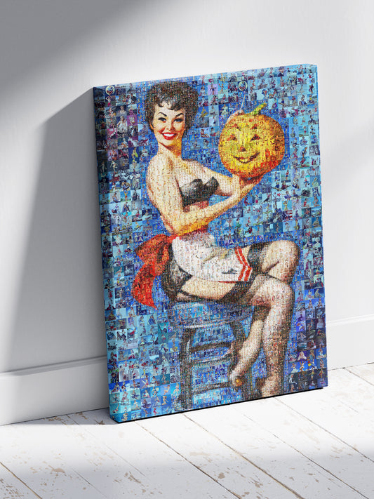 Halloween Pin-Up Mosaic Poster – Vintage Girl with Pumpkin Wall Art