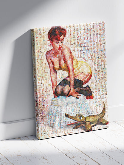 Playful Pin-Up Mosaic Poster – Retro Girl with Toy Crocodile, Vintage Wall Art Made from Classic Pin-Up Illustrations