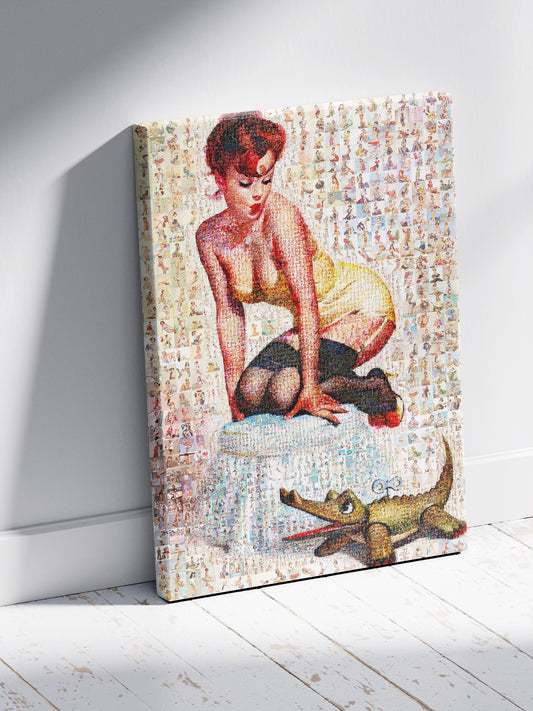 Playful Pin-Up Mosaic Poster – Retro Girl with Toy Crocodile, Vintage Wall Art Made from Classic Pin-Up Illustrations