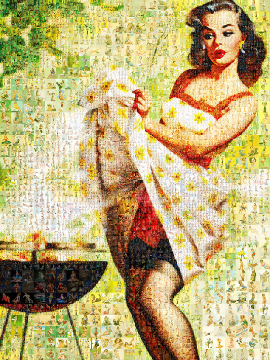 Summer Pin-Up Mosaic Poster – Retro BBQ Girl Wall Art Made from Vintage Pin-Up Illustrations, Unique Retro Decor