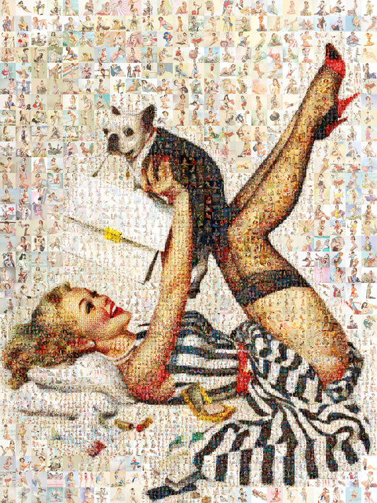 Playful Pin-Up Mosaic Poster – Retro Girl with Dog Wall Art