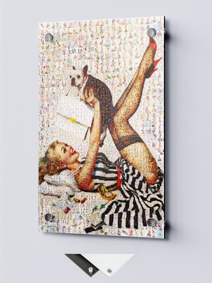 Playful Pin-Up Mosaic Poster – Retro Girl with Dog Wall Art