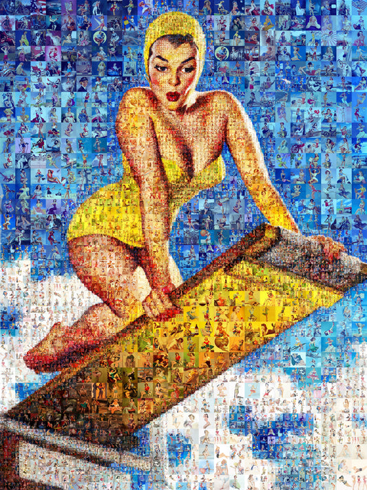Pin-Up Mosaic Poster – Retro Swimsuit Girl on Diving Board