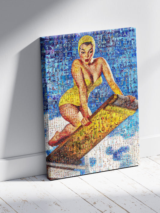 Pin-Up Mosaic Poster – Retro Swimsuit Girl on Diving Board